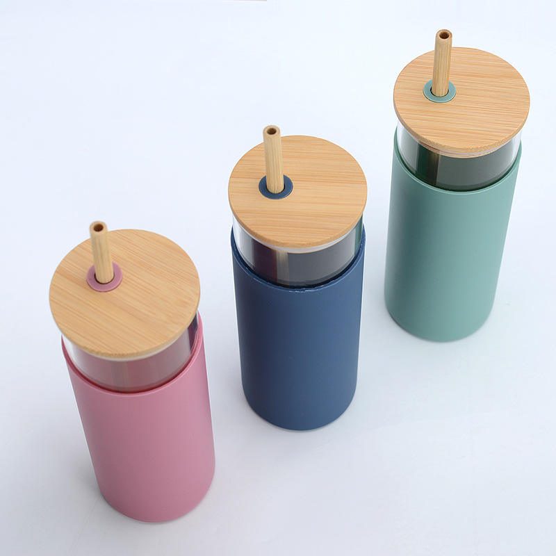 500ml Glass Water Bottle With Straw and Bamboo